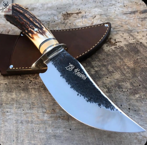 9.5" Inches HAND FORGED High Carbon Steel Hunting knife + Leather Sheath ZB Knives Store