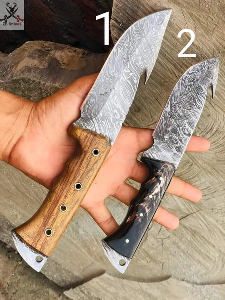 9.5" inches HAND FORGED Full Tang Damascus Steel Gut Hook Hunting Knife + Leather Sheath ZB Knives Store