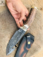 9.5" inches HAND FORGED Full Tang Damascus Steel Gut Hook Skinning Knife + Leather Sheath ZB Knives Store