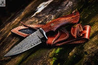 9.70"inches HAND FORGED Fixed Blade Damascus Steel Hunting Knife + Leather Sheath ZB Knives Store