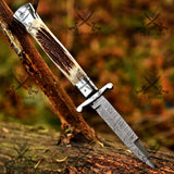Swing guard Stiletto Knife Rare Italian Automatic - Antler Horn Damascus