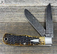 9" Inches HAND FORGED Full Tang Damascus Steel Double Blade Folding Pocket Knife+ Leather sheath ZB Knives Store