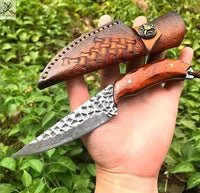 9" Inches HAND FORGED Full Tang Damascus Steel Hunting Knife+ Leather sheath ZB Knives Store