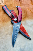 9" Inches HAND FORGED Full Tang Damascus Steel Hunting Knife+ Leather sheath ZB Knives Store