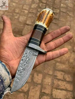 9" inches HAND FORGED Fixed Blade Damascus Steel Hunting Knife + Leather Sheath ZB Knives Store