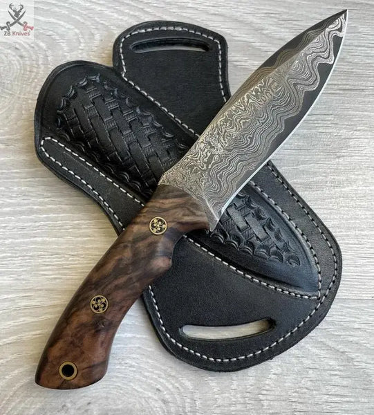 9" inches HAND FORGED Full Tang Damascus Steel Hunting Skinning Knife + leather sheath ZB Knives Store