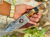 9" inches HAND FORGED Full Tang Feather Pattern Damascus Steel Gut Hook Hunting Knife + leather sheath ZB Knives Store