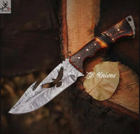 9" inches HAND FORGED Full Tang Feather Pattern Damascus Steel Gut Hook Knife + leather sheath ZB Knives Store