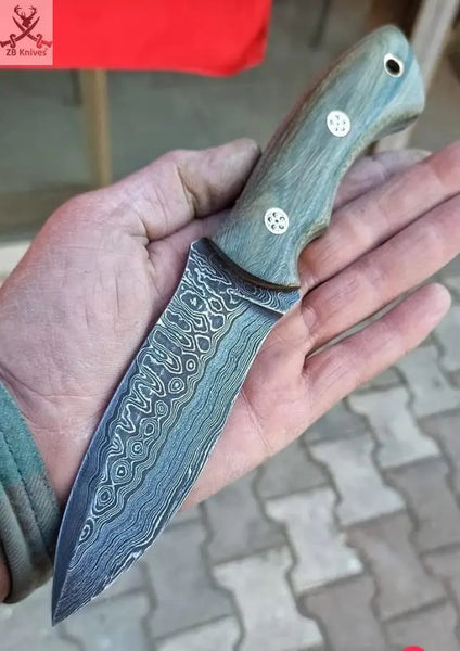 9"inches HAND FORGED Fixed Blade Damascus Steel Hunting Knife + Leather Sheath ZB Knives Store