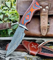 9"inches HAND FORGED Fixed Blade Damascus Steel Hunting Knife + Leather Sheath ZB Knives Store