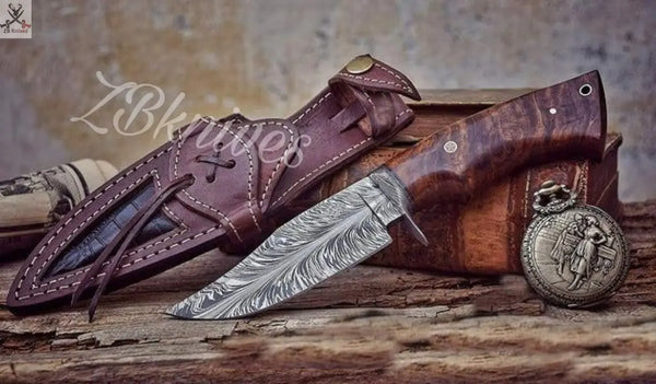 9"inches HAND FORGED Fixed Blade Special Feather Damascus Steel Hunting Knife + Leather Sheath ZB Knives Store