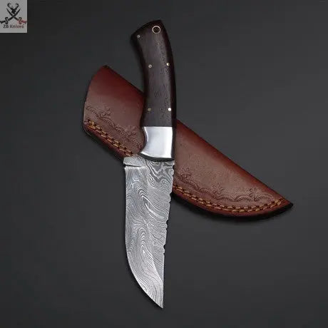 9"inches HAND FORGED Full Tang Damascus Steel Hunting Knife + Leather Sheath ZB Knives Store