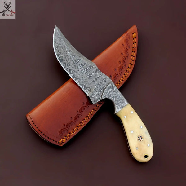 9"inches HAND FORGED Full Tang Damascus Steel Hunting Skinning Knife + Leather Sheath ZB Knives Store