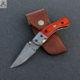 Beautiful HAND FORGED Damascus Steel Hunter Folding Pocket Knife+ Leather sheath - ZB Knives Store
