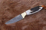 Deer Antler Knife – Damascus Steel Blade & leather knife sheath - ZB Knives Store