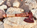 Bushcraft AXE - Engraved High Carbon Forged Steel Head, Wood Handle with rope Wrap - ZB Knives Store
