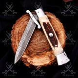 Swing guard Stiletto Knife Rare Italian Automatic - Antler Horn Damascus