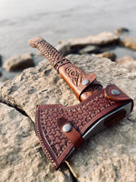 Viking Tomahawk for Sale - Engraved High Carbon Forged Steel Blade, Natural Wood Handle , Leather Sheath