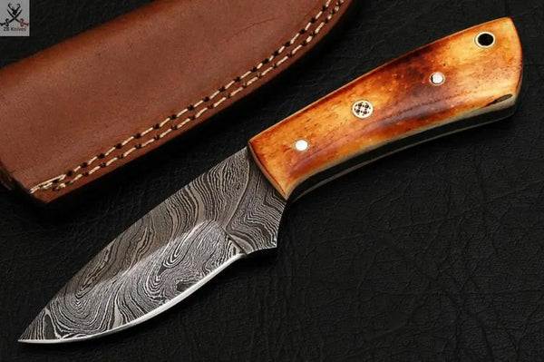 CUSTOM HANDMADE DAMASCUS HUNTING KNIFE HANDLE BURN BONE ZB Knives Store