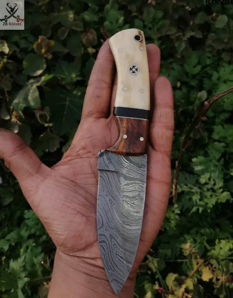 CUSTOM HANDMADE DAMASCUS HUNTING KNIFE HANDLE Camel Bone Rosewood and Micarta ,Brass Pins ZB Knives Store