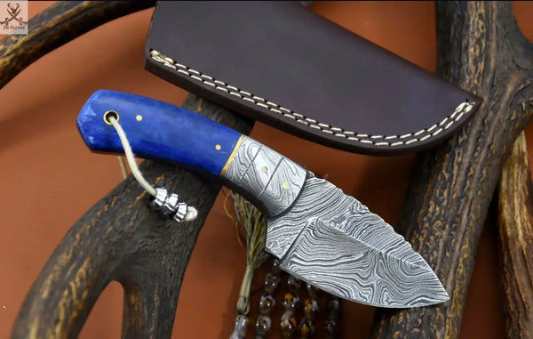 CUSTOM HANDMADE DAMASCUS HUNTING KNIFE Handle Camel Bone Blue Bolster Damascus Steel ZB Knives Store