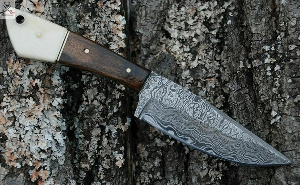 CUSTOM HANDMADE DAMASCUS HUNTING KNIFE Handle Genuine Camel Bone & Walnut Wood ZB Knives Store