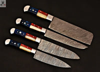 CUSTOM HANDMADE DAMASCUS STEEL 4 PCS TEXAS HANDLE CHEF SET WITH LEATHER ROLL KIT ZB Knives Store