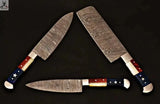 CUSTOM HANDMADE DAMASCUS STEEL 4 PCS TEXAS HANDLE CHEF SET WITH LEATHER ROLL KIT - ZB Knives Store