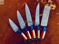 CUSTOM HANDMADE DAMASCUS STEEL 5 PCS texas flag handle knives  WITH LEATHER ROLL KIT ZB Knives Store