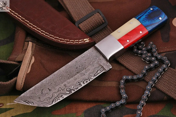 CUSTOM HANDMADE DAMASCUS TANTO BLADE HUNTING KNIFE HANDLE CAMEL BONE AND WOOD Sheets ZB Knives Store