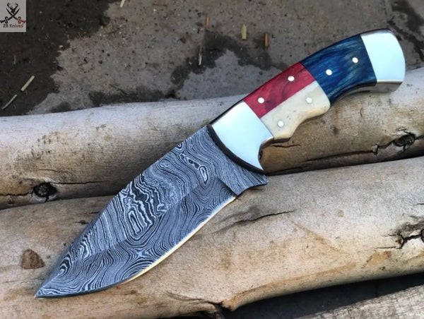 CUSTOM HANDMADE DAMASCUS TEXAS HANDLE HUNTING KNIFE Handle bone, steel bolster and color sheet ZB Knives Store