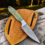 Handmade Damascus Steel Cowboy Knife, Pine Cone Handle, Western Leather Sheath, Hunting Knife, Ranch Knife