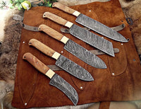 Custom Handmade Damascus Steel 5 Pcs Chef Set Handle Olive Wood With Leather Roll Kit ZB Knives Store