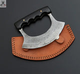 Custom Handmade Damascus Steel Ulu Knife Handle Buffalo Horn With Leather Sheath ZB Knives Store