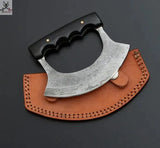 Custom Handmade Damascus Steel Ulu Knife Handle Buffalo Horn With Leather Sheath - ZB Knives Store
