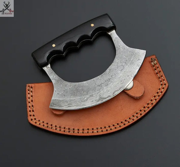 Custom Handmade Damascus Steel Ulu Knife Handle Buffalo Horn With Leather Sheath ZB Knives Store