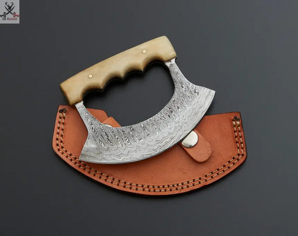 Custom Handmade Damascus Steel Ulu Knife Handle Cow Bone With Leather Sheath ZB Knives Store