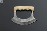 Custom Handmade Damascus Steel Ulu Knife Handle Cow Bone With Leather Sheath ZB Knives Store