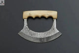 Custom Handmade Damascus Steel Ulu Knife Handle Cow Bone With Leather Sheath - ZB Knives Store