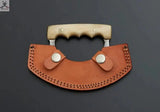 Custom Handmade Damascus Steel Ulu Knife Handle Cow Bone With Leather Sheath - ZB Knives Store