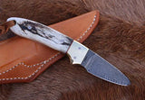 Best cowboy knife for everyday carry | Damascus Blade | Deer Horn Handle | 6.25 Inches | Leather Sheath - ZB Knives Store