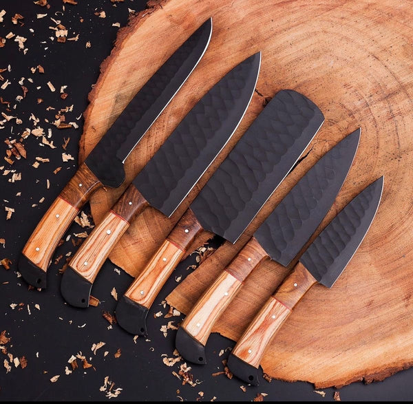 5 PCS HAND FORGED Full Tang High Carbon Steel kitchen set knives + Leather Sheath