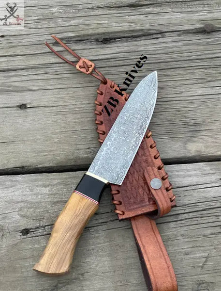 Damascus Knives Custom Handmade-13.25" inches Olive WOOD Handle Chef Kitchen ZB Knives Store