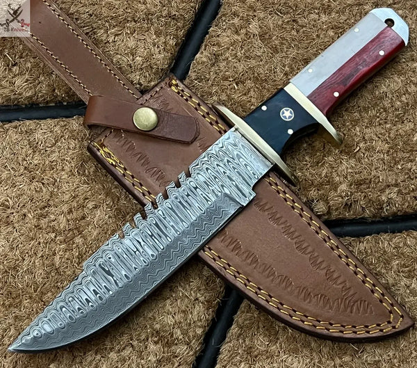 Damascus Steel Custom Handmade Texas Flag Bowie knife 12 inches ZB Knives Store