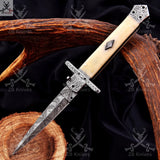Unlock the power of Damascus steel with this stunning switch blade pocket knife