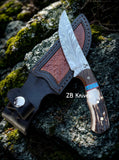 Camping Knife - Feather Damascus Steel Blade With Belt Sheath - ZB Knives Store