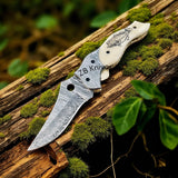 Everyday Carry Damascus Steel Folding Pocket Knife with Fish Engraved Bone Handle - ZB Knives Store
