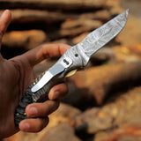 Mountain Majesty - Custom Handcrafted Damascus Steel Folding Pocket Knife with Sheep Horn Handle - ZB Knives Store