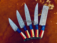 CUSTOM HANDMADE DAMASCUS STEEL 5 PCS TEXAS FLAG HANDLE CHEF SET WITH LEATHER ROLL KIT