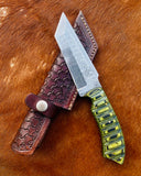 8.5" Inches HAND FORGED Full Tang Damascus Steel Tanto Knife+ Leather sheath